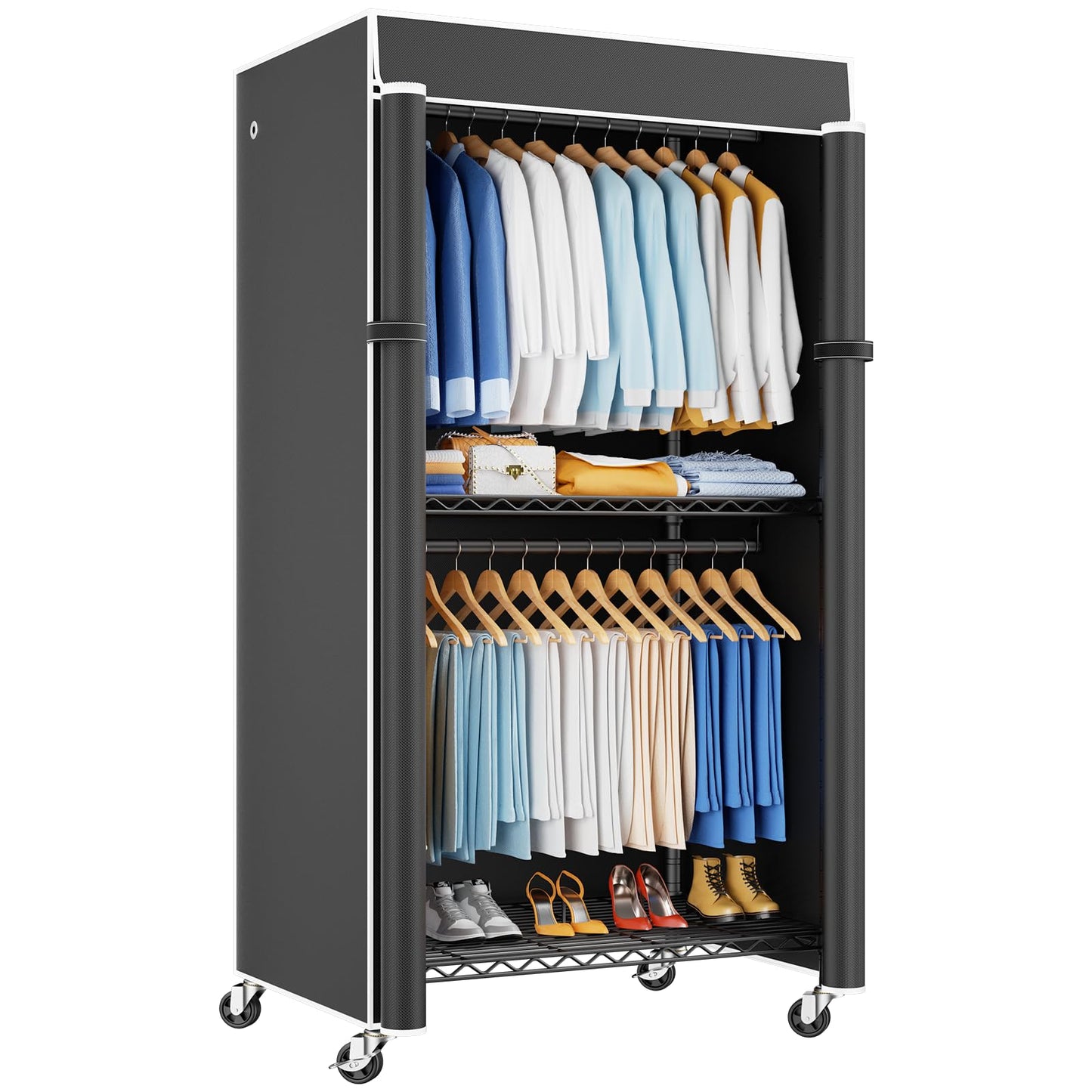 ULIFHOME P8C Max Heavy Duty Clothes Rack（With Extended Width Design） Rolling Clothing Racks for Hanging Clothes with Lockable Wheels，51.2"W x 15.8"D x 80.5"H，Load 800LBS，Black Rack with Black Cover