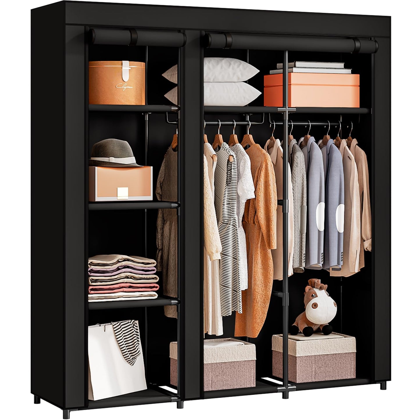 SORCEDAS Wardrobe Closet with Hanging Rods and Shelves for Clothes Storage
