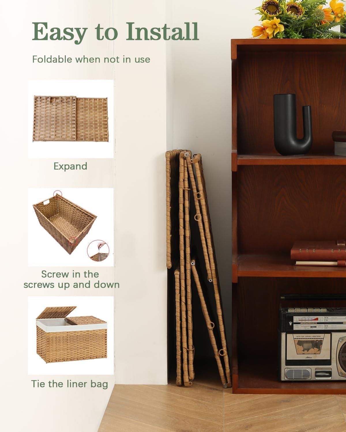 SETVSON Storage Basket with Lid, 2-Lid PE Rattan Storage Bin, Natural