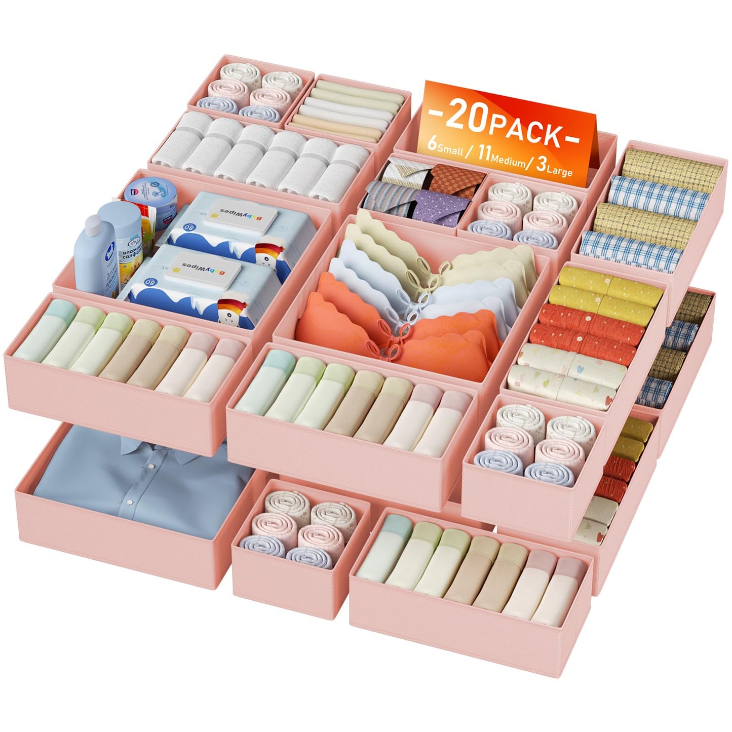 DIMJ Drawer Organizer Clothes 15 Pack - Foldable Baby Organizers and Storage & Closet Organizers for Bedroom, Closet - Nursery Organization Dresser Dividers for underwear, Sock,Bra, Belt, Tie, Beige
