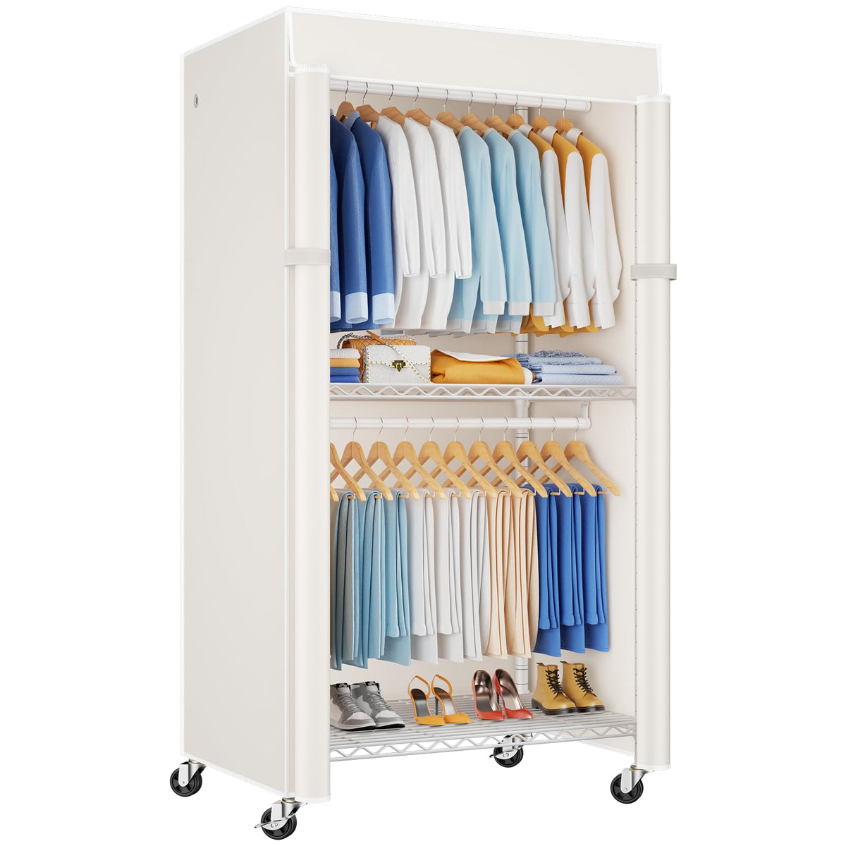 ULIFHOME P8C Max Heavy Duty Clothes Rack（With Extended Width Design） Rolling Clothing Racks for Hanging Clothes with Lockable Wheels，51.2"W x 15.8"D x 80.5"H，Load 800LBS，Black Rack with Black Cover