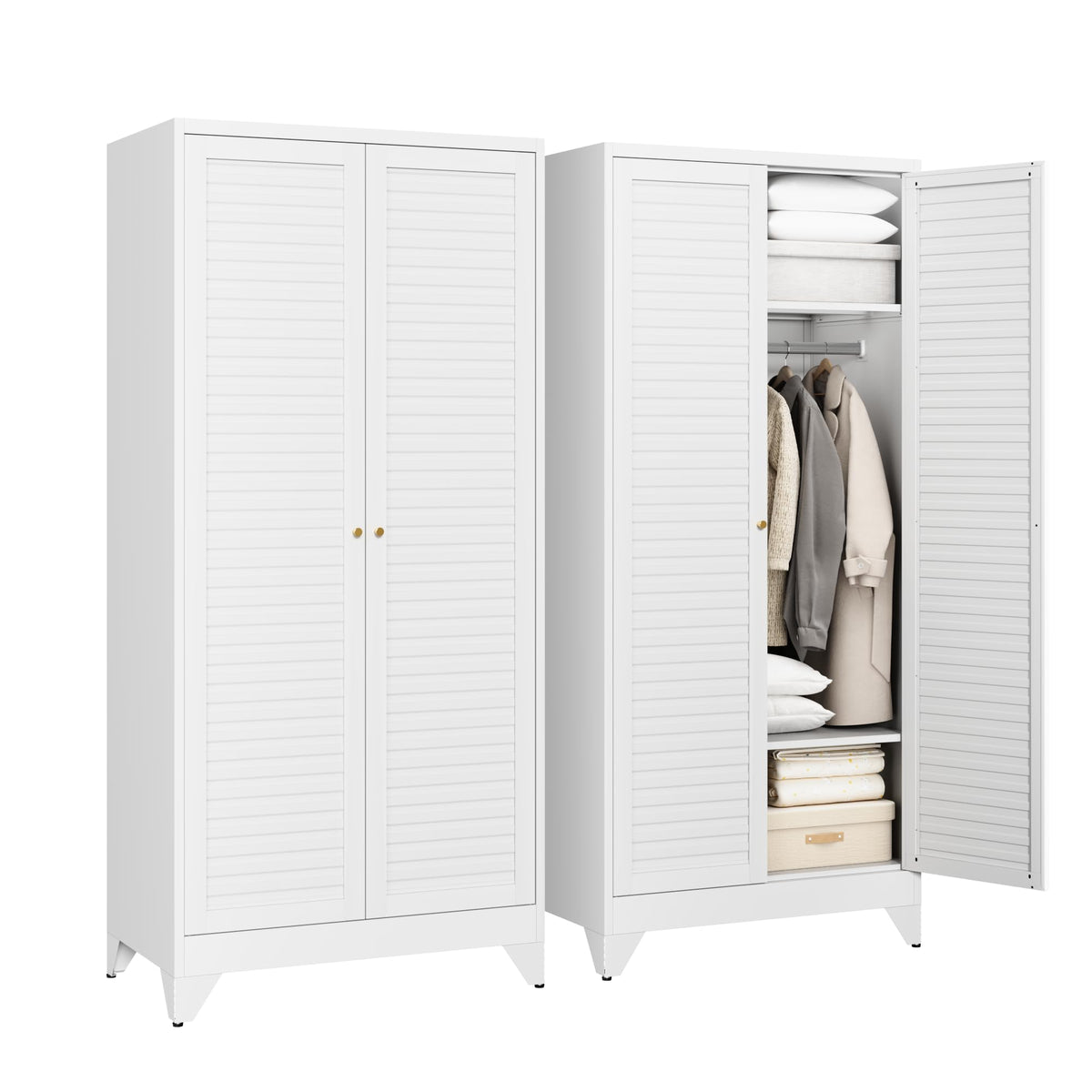 Letaya Metal Armoire Wardrobe Closet with Drawers,Clothing Storage Cabinet with Doors and Shelves,Coat Closet with Hanging Rod,Bedroom,Home,Cloak Room,White-71 H x 32" W x 18" D