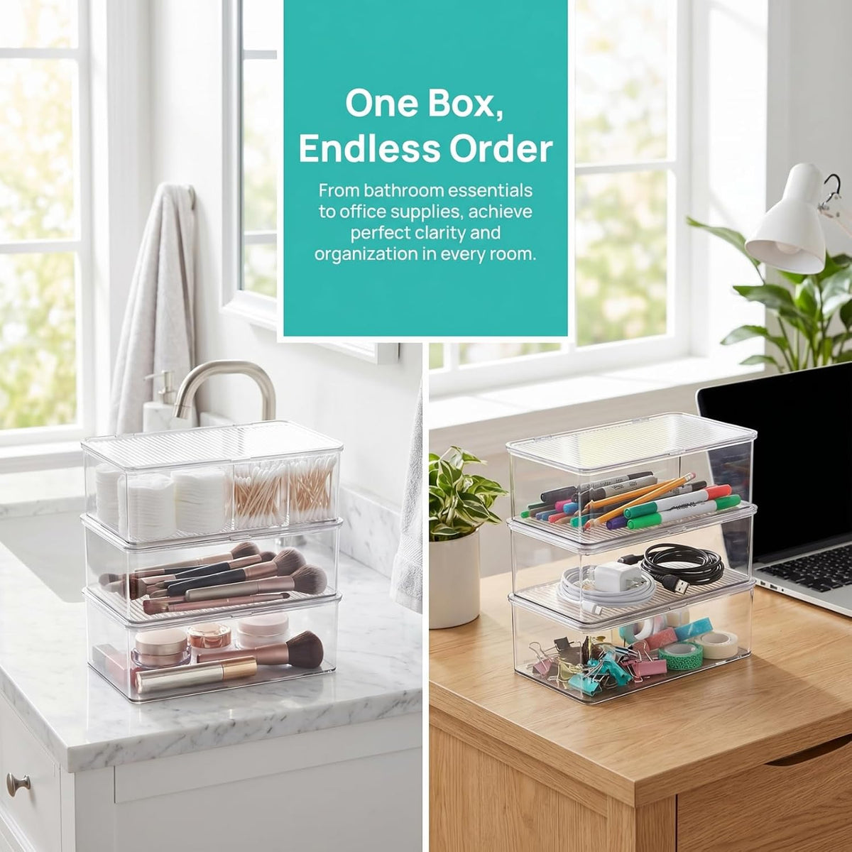 ZENFUN Set of 3 Small Stackable Storage Bins with Hinged Lid, Acrylic Organizer Box, Clear Makeup Organizer Box, Cosmetic Case for Home, Office