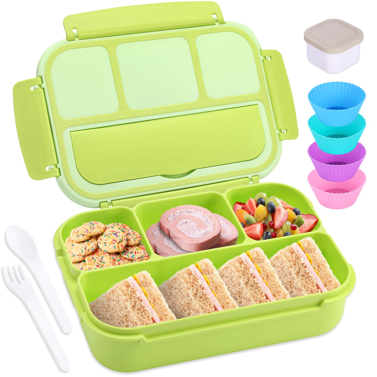 Bento Box Adult Lunch Box, Containers for Adults Men Women with 4 Compartments, Lunchable Food Container with Utensils, Sauce Jar, Muffin Liners, 40 Oz/5 Cup, Microwave & Dishwasher Safe, Brown