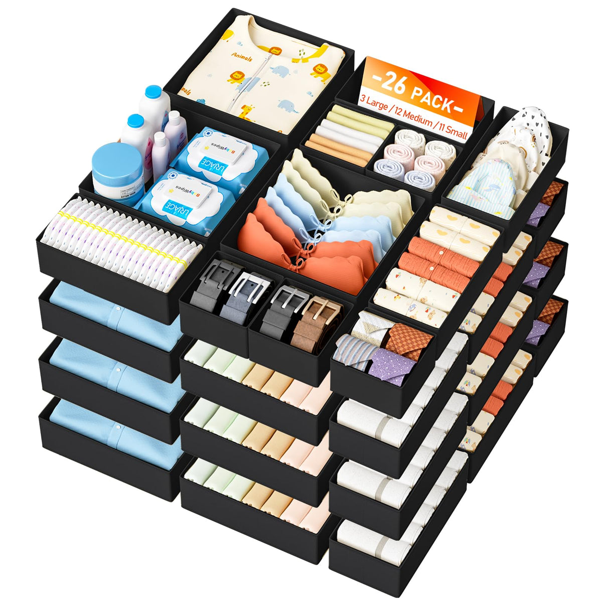 DIMJ Drawer Organizer Clothes 15 Pack - Foldable Baby Organizers and Storage & Closet Organizers for Bedroom, Closet - Nursery Organization Dresser Dividers for underwear, Sock,Bra, Belt, Tie, Beige