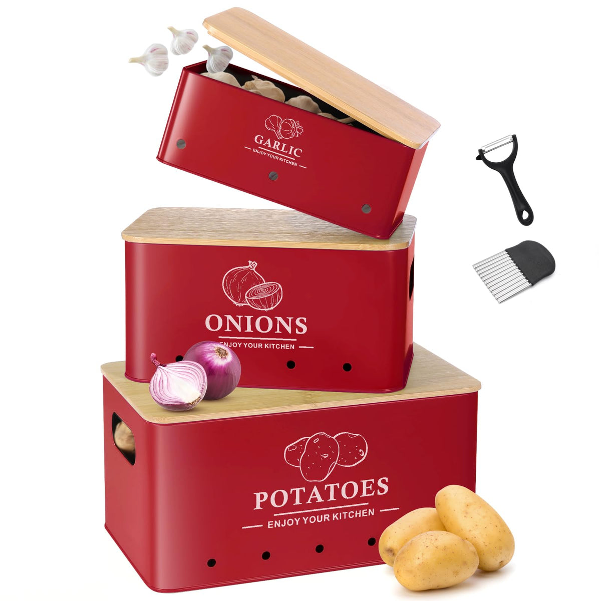 Kitchen Vegetable Storage Set of 3, Metal Onion Garlic Potato Storage Set, Kitchen Canisters Vegetable Keeper Containers with Aerating Holes and Bamboo Lid,Black