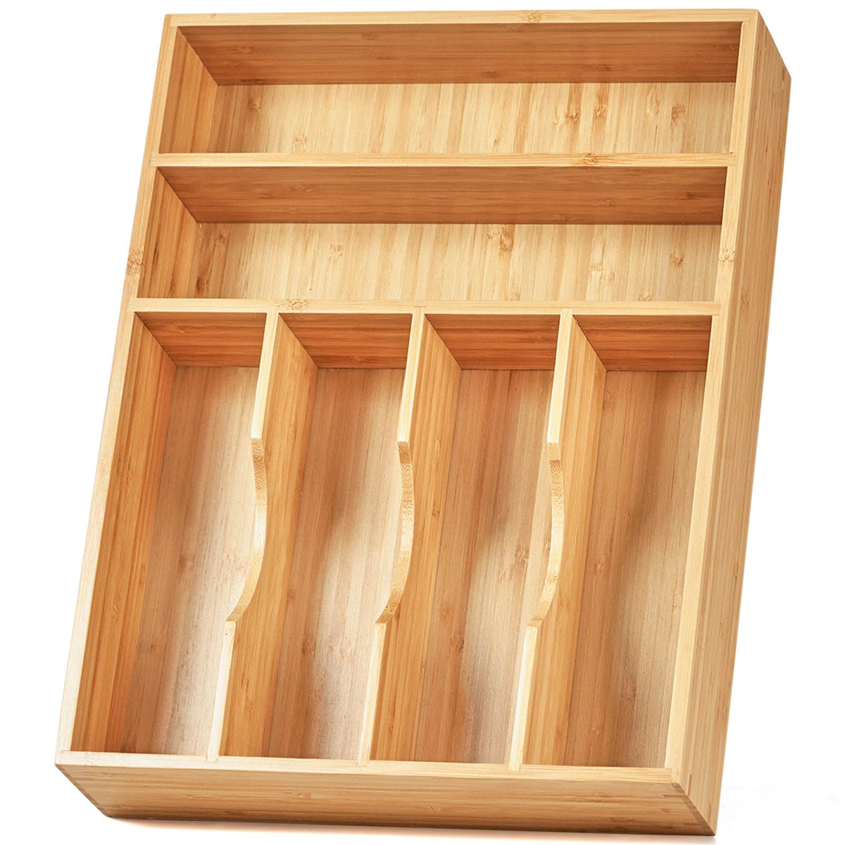Umilife Bamboo Kitchen Drawer Organizer, 13 Inch Silverware Utensil Tray Holder, Extra Deep Grooved Drawer Divider, 7 Slots Total Bamboo Wood Caddy for Flatware Cutlery Knives, Forks, Spoons