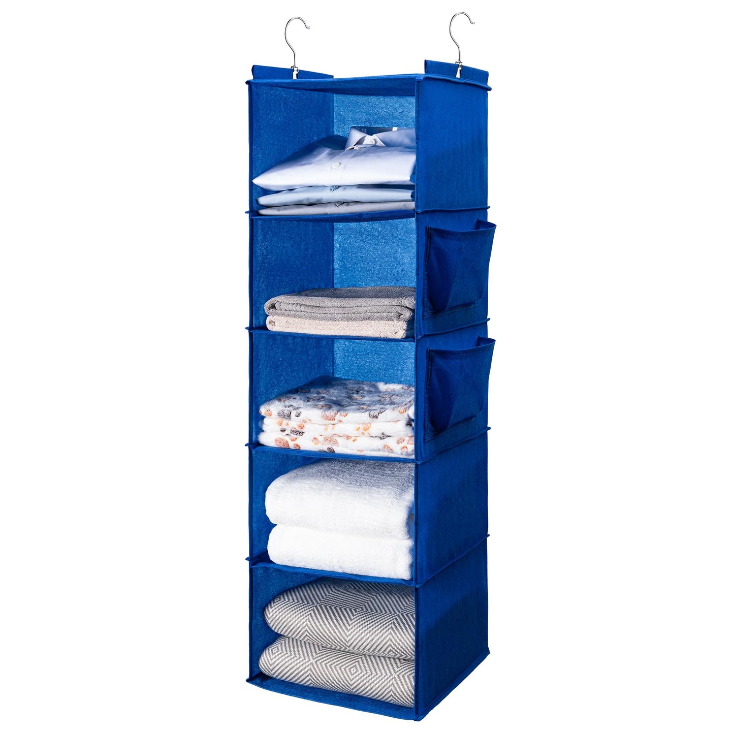 BOOMIBOO Hanging Closet Organize and Shelves，5-Hanging Shelf with 2 Side Pockets，Storage Foldable （Grey）