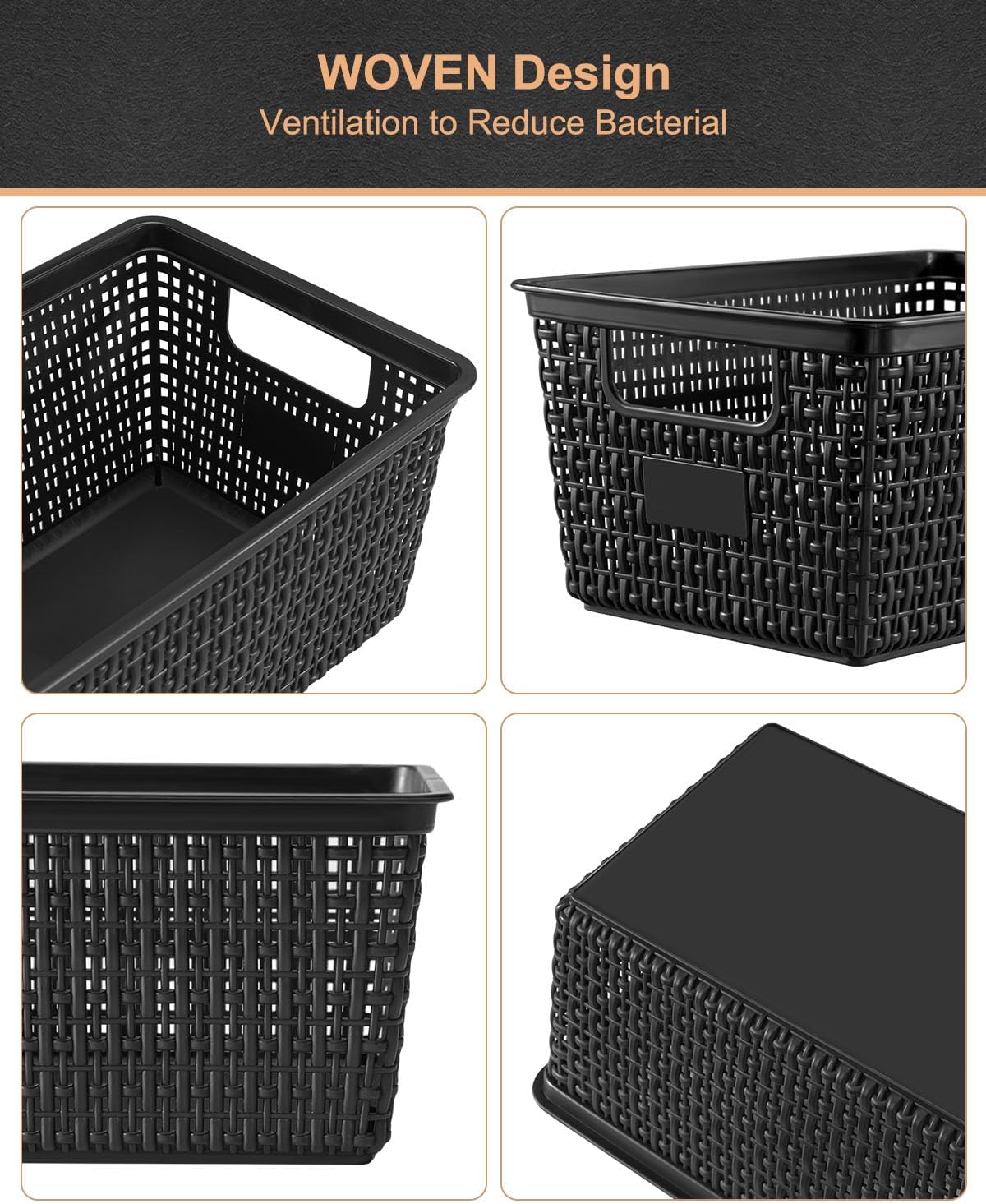 EOENVIVS Set of 6 Baskets For Organizing, Plastic Storage Bins and Small Basket for Organization and Storage Shelves Drawers Desktop Closet Playroom Classroom Office, Black