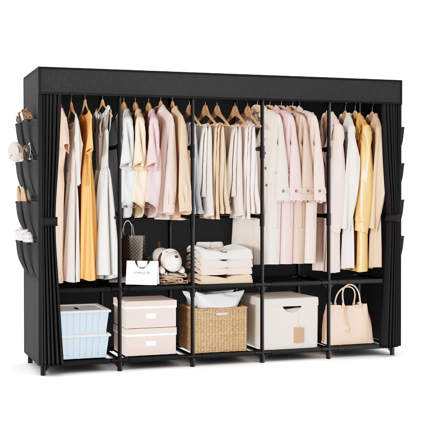 Portable Closet for Hanging Clothes, 67 Inch Wide Portable Wardrobe Closet with Cover, 4 Hanging Rod, Storage Shelves and Side Pockets, Large Free Standing Closet for Bedroom, Black