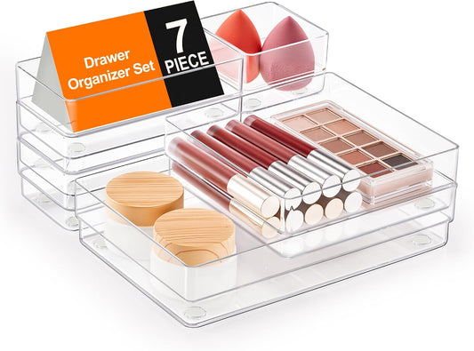SMARTAKE 7 PCS Drawer Organizer, 4-Size Desk Drawer Organizer Trays