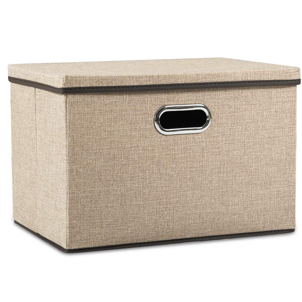 PRANDOM Large Collapsible Storage Bins with Lids [3-Pack] Jute Fabric Foldable Storage Boxes Organizer Containers Baskets Cube with Cover for Home Bedroom Closet Office Nursery (17.7x11.8x11.8)