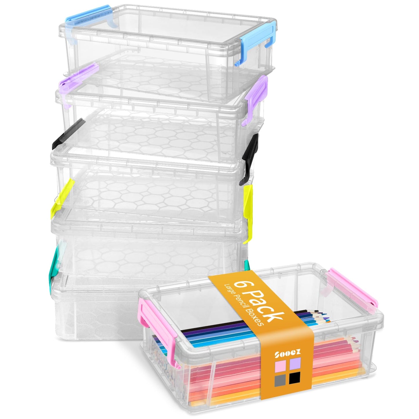 Sooez 6 Pack Extra Large Pencil Box, Plastic Pencil Case Crayon Box