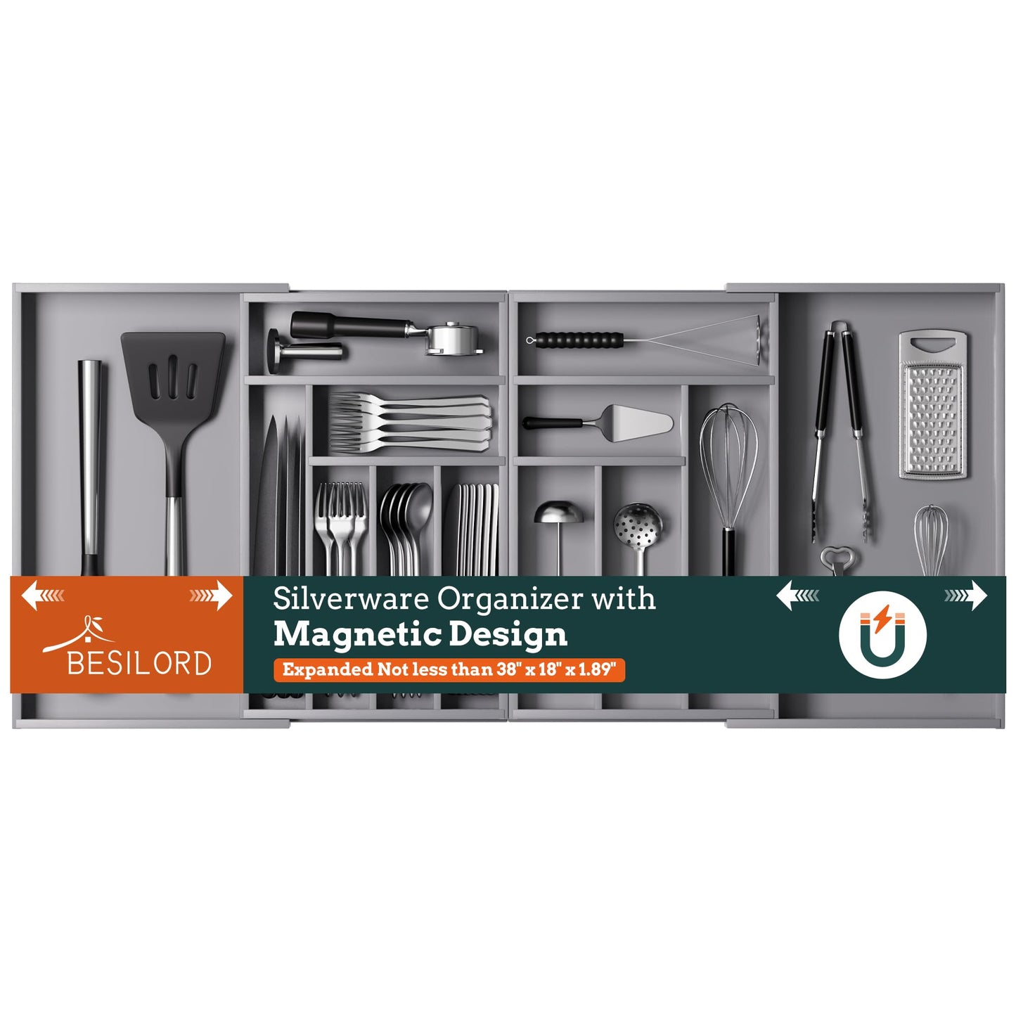 Silverware Organizer Large, Magnetic Connected Expandable 13 Slots Silverware Drawer Organizer From 21 to 37.4 Inches, Adjustable Flatware and Cutlery Holder, Bamboo Utensil Tray for Kitchen Natural