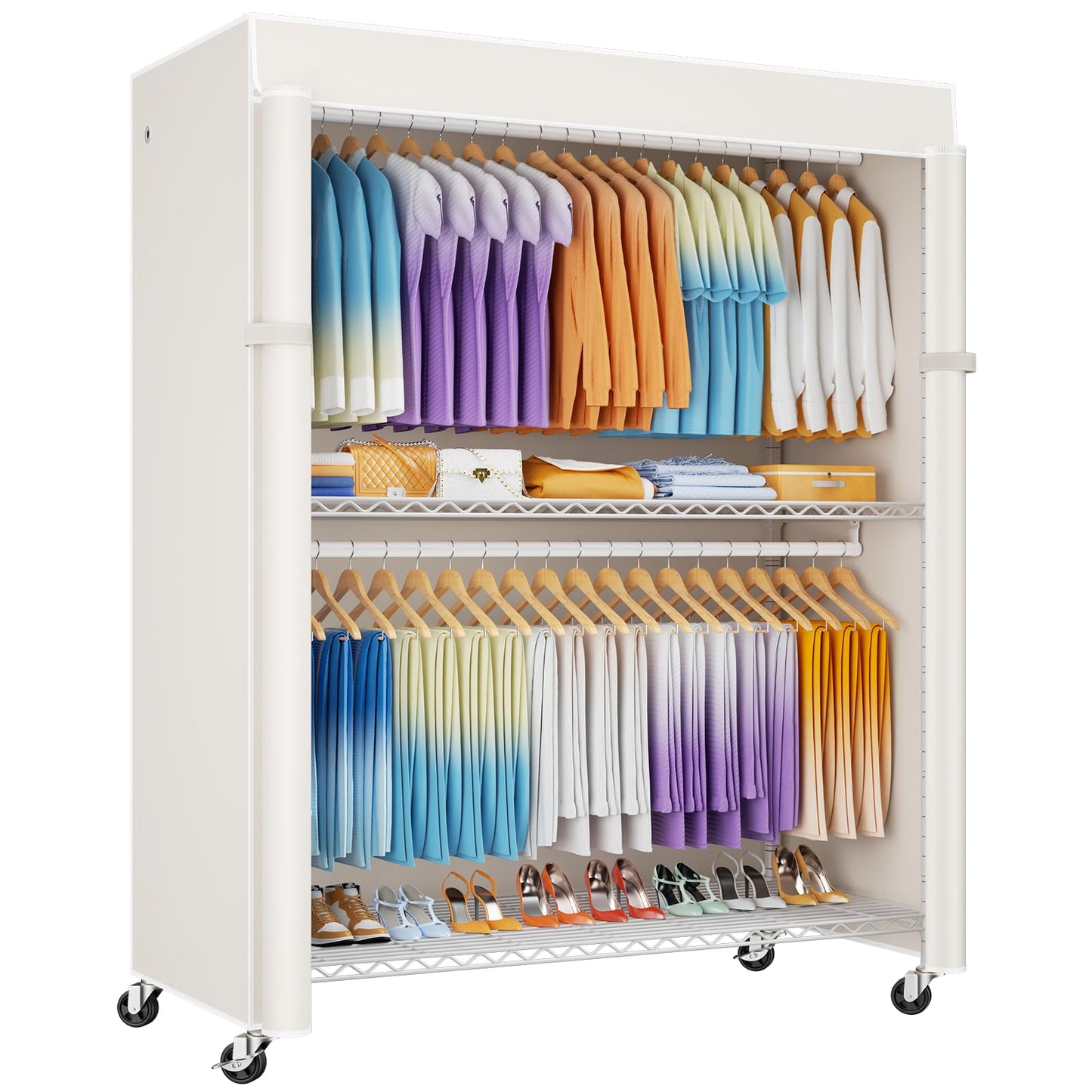 ULIFHOME P8C Max Heavy Duty Clothes Rack（With Extended Width Design） Rolling Clothing Racks for Hanging Clothes with Lockable Wheels，51.2"W x 15.8"D x 80.5"H，Load 800LBS，Black Rack with Black Cover