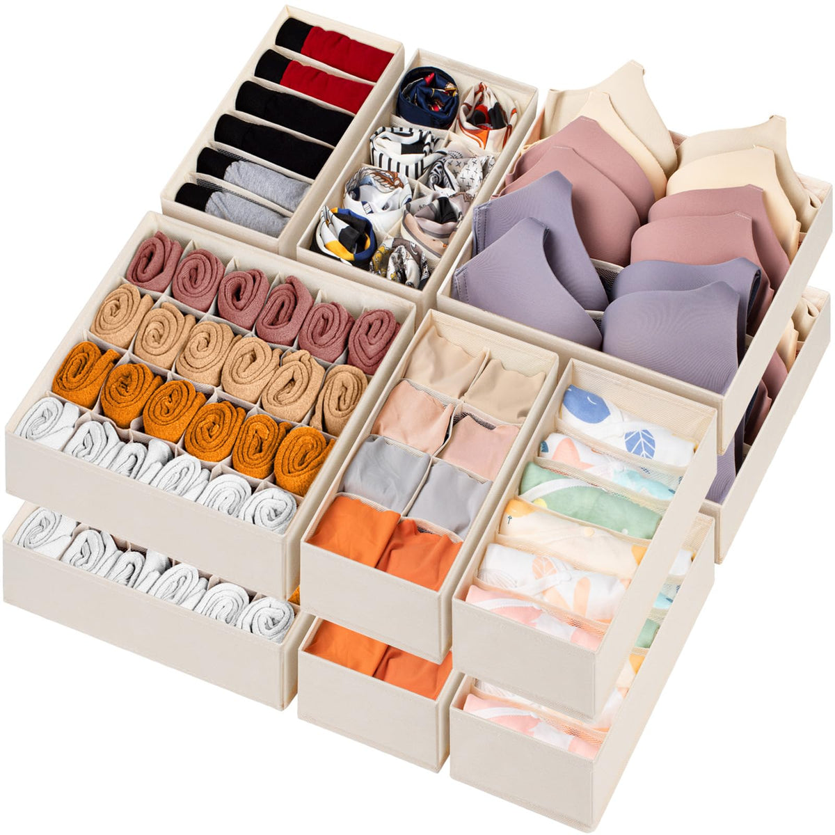 Criusia 12 Pack Sock Underwear Drawer Organizer Dividers, 116 Cells Fabric Foldable Dresser Closet Organizers and Storage Bins for Baby Clothing, Women Men Underwear Socks, Bra, Ties, Scarf