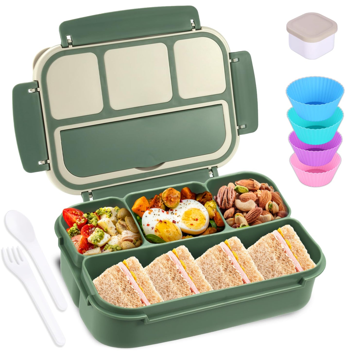 Bento Box Adult Lunch Box, Containers for Adults Men Women with 4 Compartments, Lunchable Food Container with Utensils, Sauce Jar, Muffin Liners, 40 Oz/5 Cup, Microwave & Dishwasher Safe, Brown