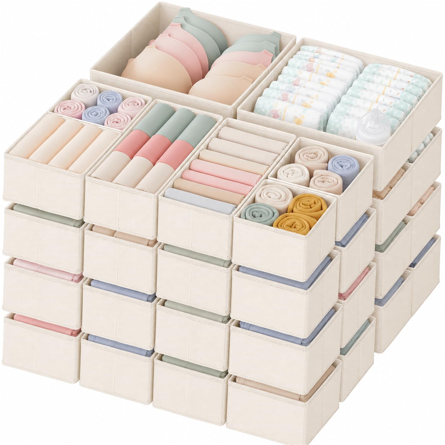 Criusia Drawer Organizer Clothes, 14 Pack Dresser Organizer for Baby Clothes, Underwear, Sock- Foldable Closet Organization and Storage Dividers Bins for Nursery, Bedroom and Dorm (Beige)