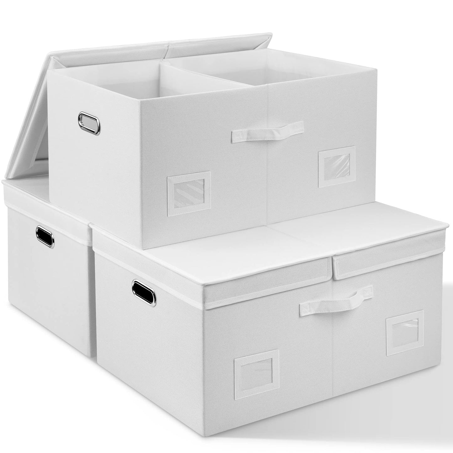 Graciadeco Large Quart Collapsible Stackable Storage Bins with Lids, 3 Packs Beige Linen Fabric Closet Boxes with Lids, Storage Cube Baskets Container Organizers for Bedroom Office(16.6 x 11.7 x 10.8)