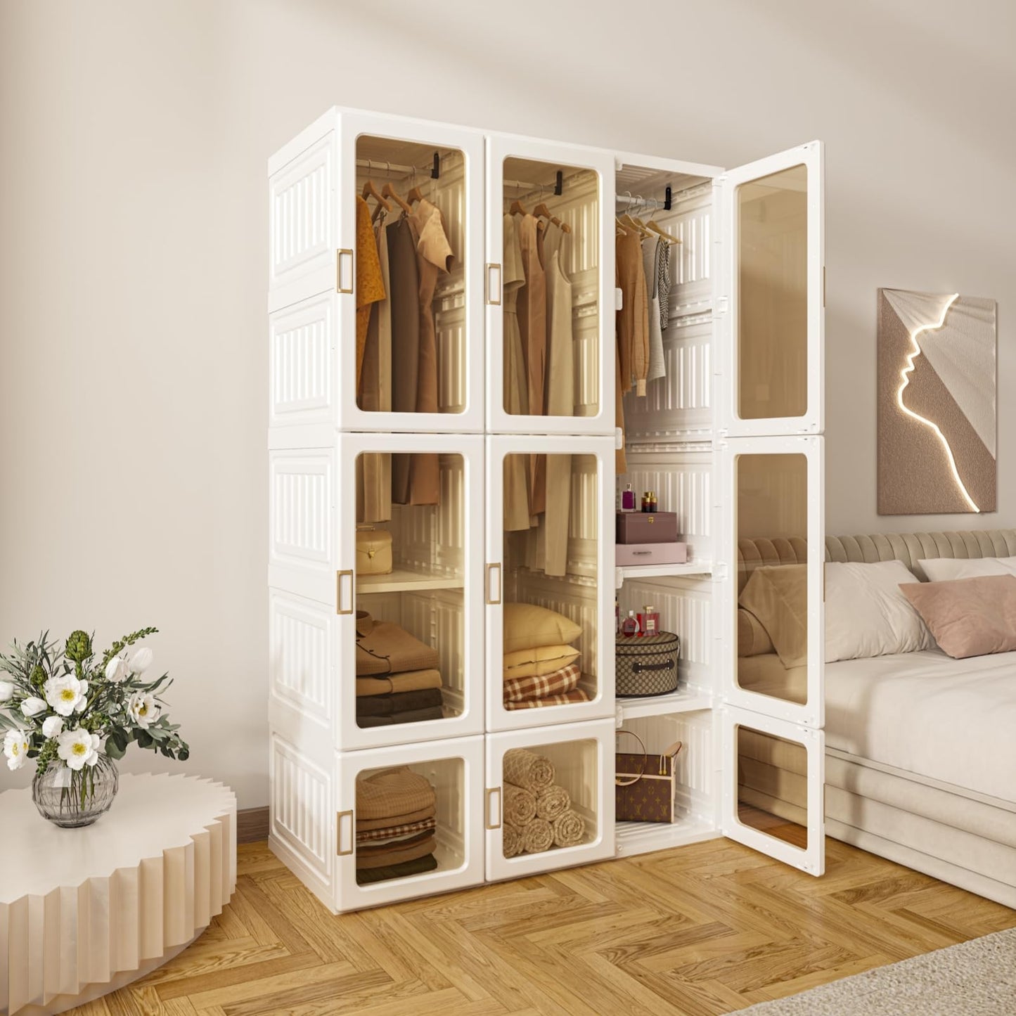ANTBOX Portable Wardrobe Closet Storage Organizer for Clothes,Suitable for Living Room, Bedroom,Plastic Wardrobe with Magnetic Transparent Door and Easy Assembly 8 Cubes & 2 Hanging Rod