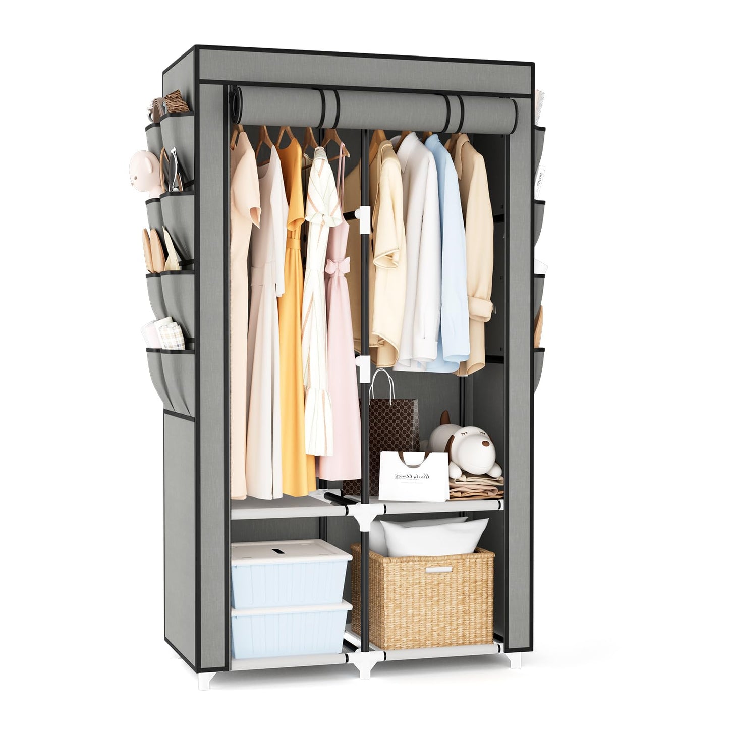 Wardrobe Closet Portable Closets for Hanging Clothes Large Capacity Clothes Rack with Cover, 3 Hanging Rods, 6 Shelves and 8 Pockets, Strong and Stable Free Standing Closet for Bedroom, Black