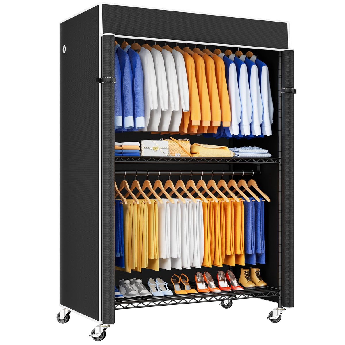ULIFHOME P8C Max Heavy Duty Clothes Rack（With Extended Width Design） Rolling Clothing Racks for Hanging Clothes with Lockable Wheels，51.2"W x 15.8"D x 80.5"H，Load 800LBS，Black Rack with Black Cover