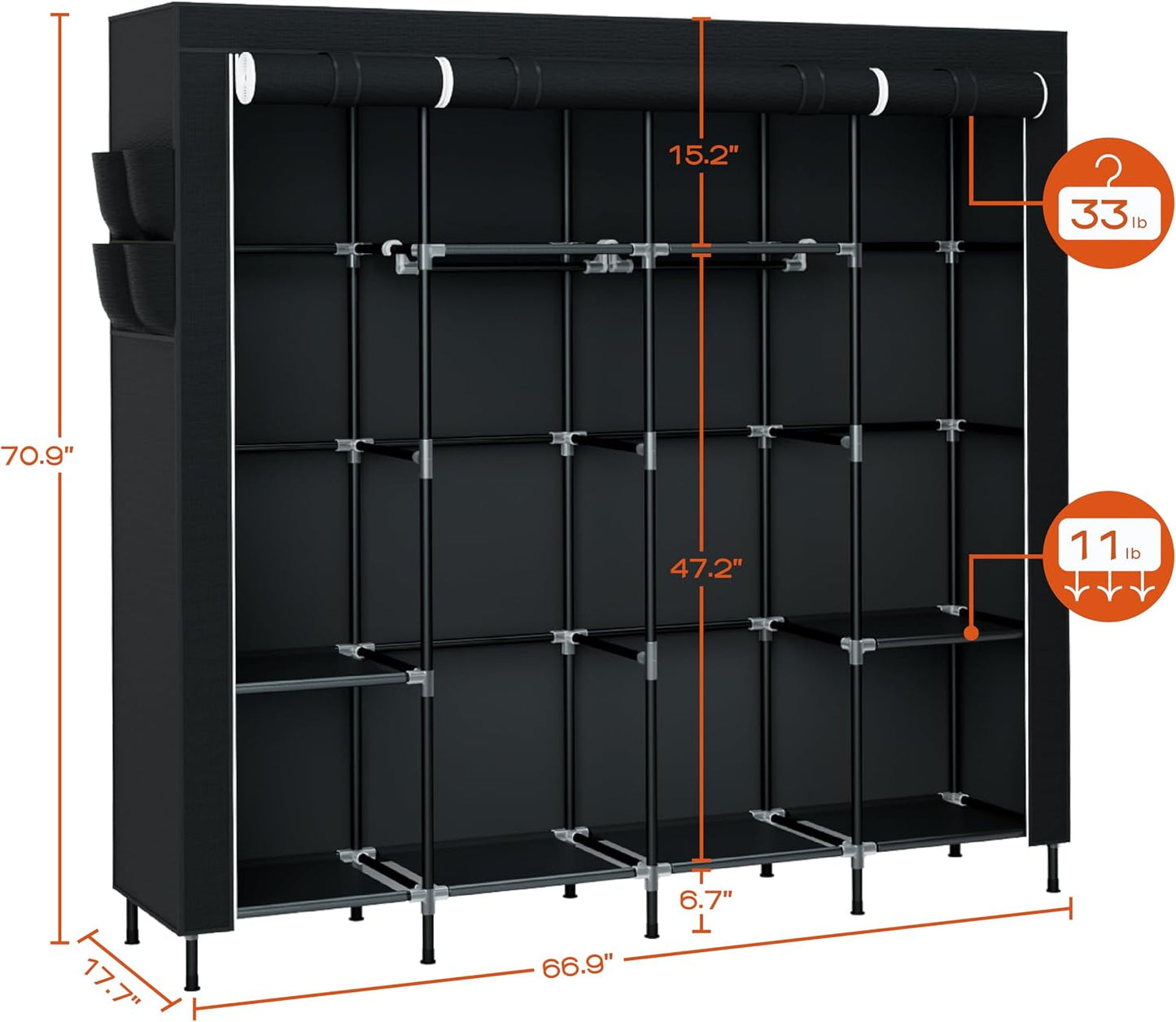 CASAMAYA Portable Closet, 66.9 Inch Large Capacity Wardrobe Closet with Cover, Clothes Storage Organizer with Shelves and 4 Hanging Rods, Easy to Assembly, Black PCT204B01