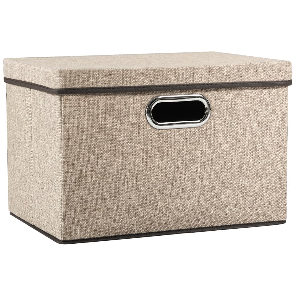 PRANDOM Large Collapsible Storage Bins with Lids [3-Pack] Linen/Cotton Blend Foldable Storage Boxes Organizer Containers Baskets Cube with Cover for Home Bedroom Closet Office Nursery(17.7x11.8x11.8)