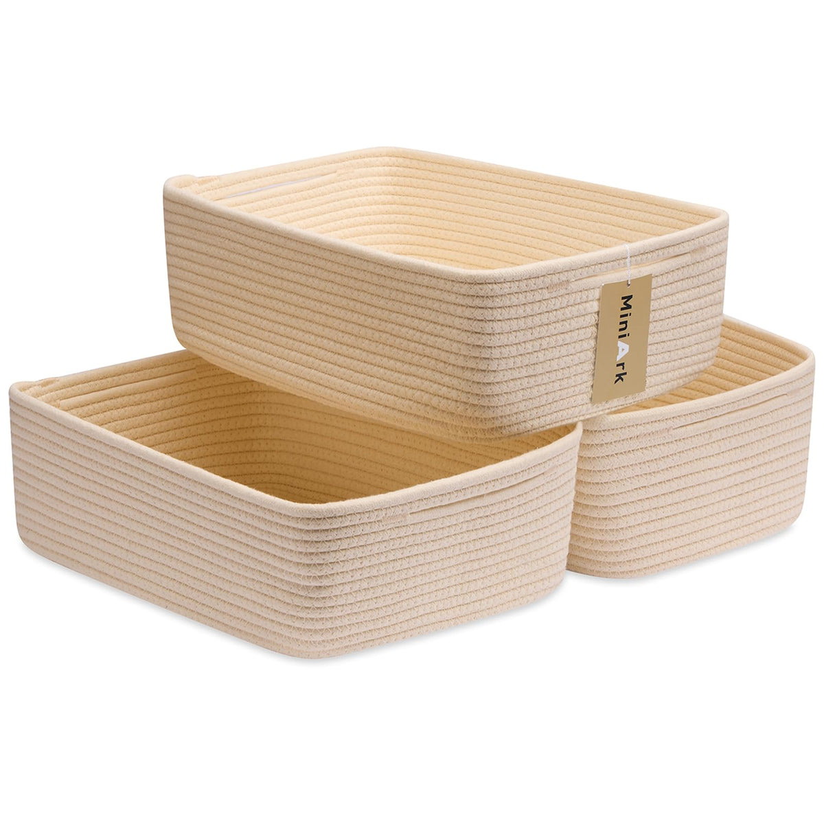 MiniArk Large Shallow Organizing Baskets 15x11x5.1 Inches - Rope Woven Storage Bins for Bathroom, Shelves, Cube Closet, Mixed Brown 2 Packs