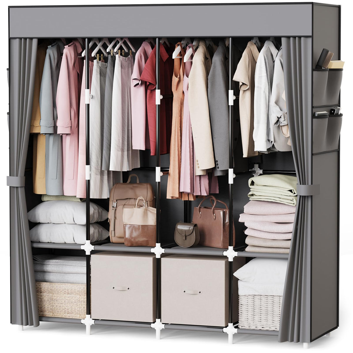Mavivegue Clothes Organizer with 4 Hanging Rods, Portable Closet Wardrobe, Non-Woven Fabric Cover, Large Capacity Storage for Bedroom and Living Room,Black, 67" W x 17" D x 67" H