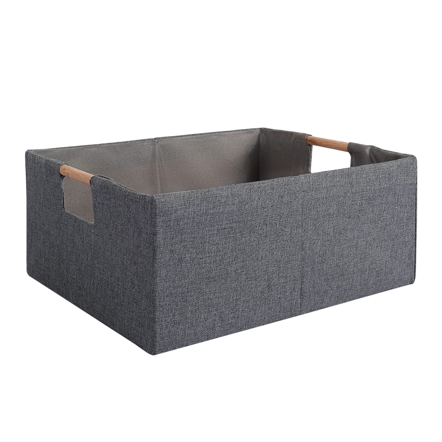 Fabric Storage Bin Box Foldable Cotton Linen Storage Basket with Wooden Handles Rectangular Cube Decorative Home Laundry Organizer Clothes Blanket Container – Beige, Medium