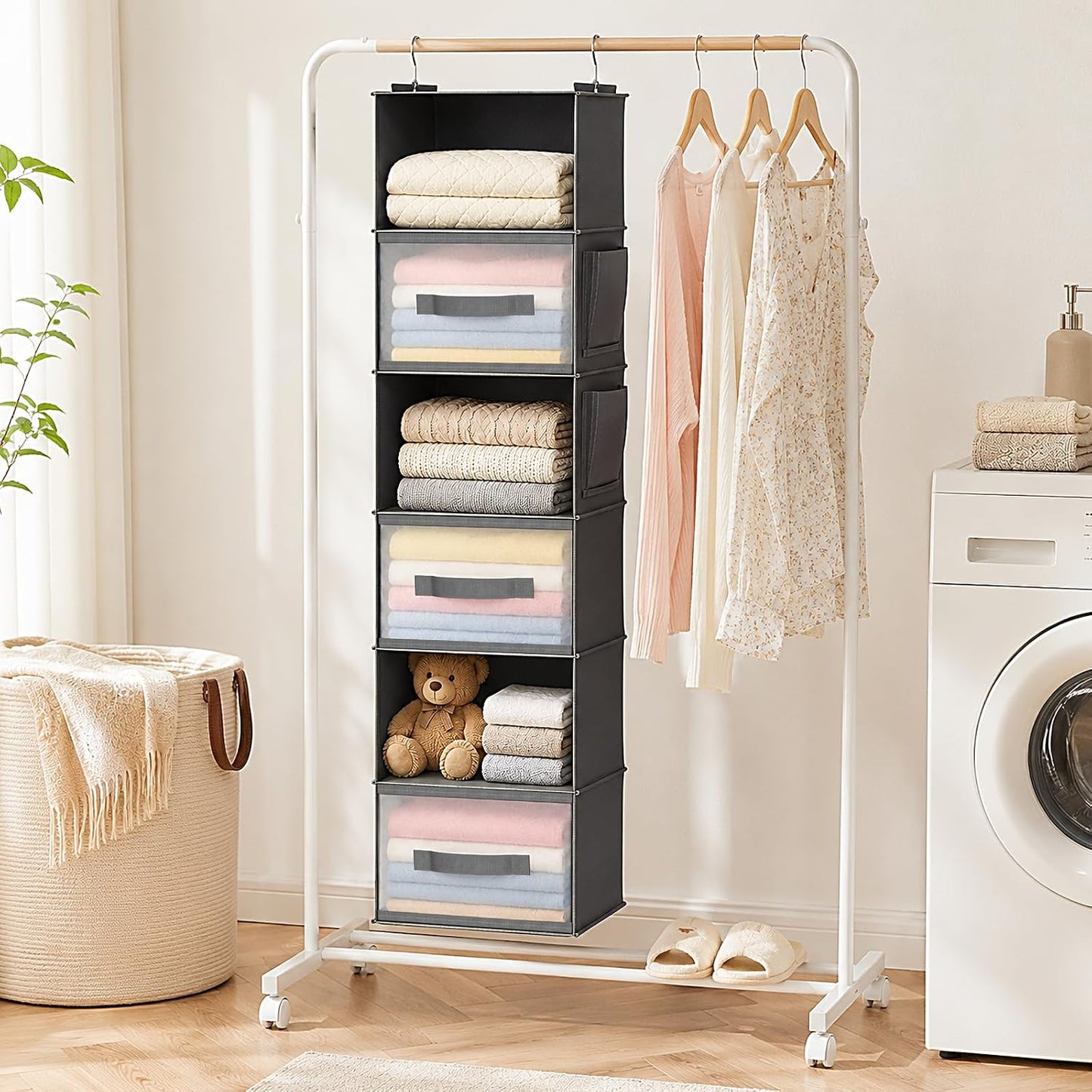 6-Shelf Hanging Closet Organizer with 3 Drawers & Side Pockets, Gray