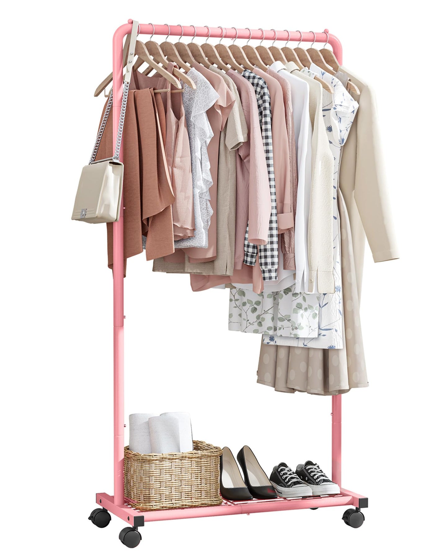 Sakugi Clothes Rack - Clothing Rack with Storage Mesh Shelf & Casters, Heavy-Duty Metal Clothing Rack for Hanging Clothes, Dresses, Coats, Large Load Capacity, Easy Assembly, Black, 28.0"x16.9"x59.0"