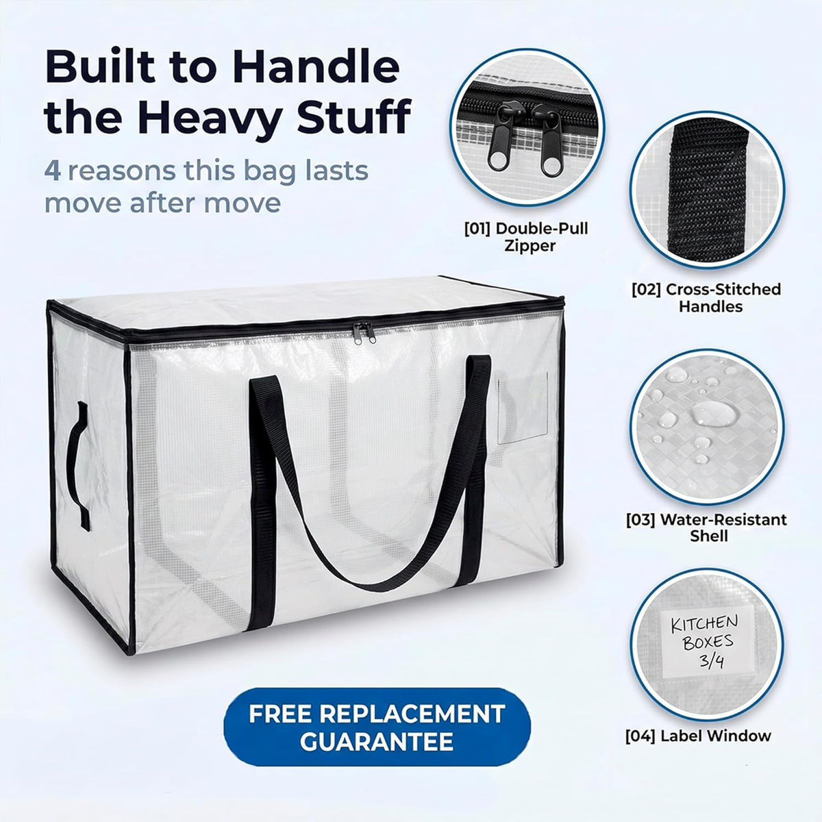 ClearSpace Heavy Duty Moving Bags - Water Resistant Storage Bags with Backpack Straps, Zippers and Handles - Large Moving Boxes for College Dorm, Travel, Closet Organization - 6 Pack, Clear