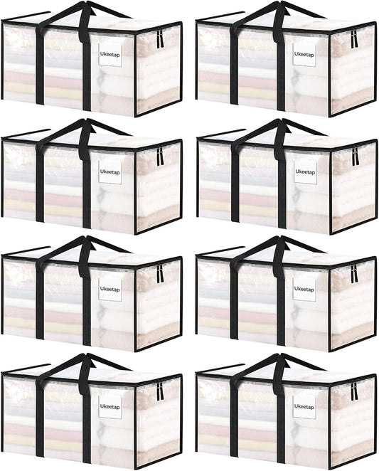 8 Pack Extra Large Clothes Storage Bins with Lids, Moving Bags, Clear