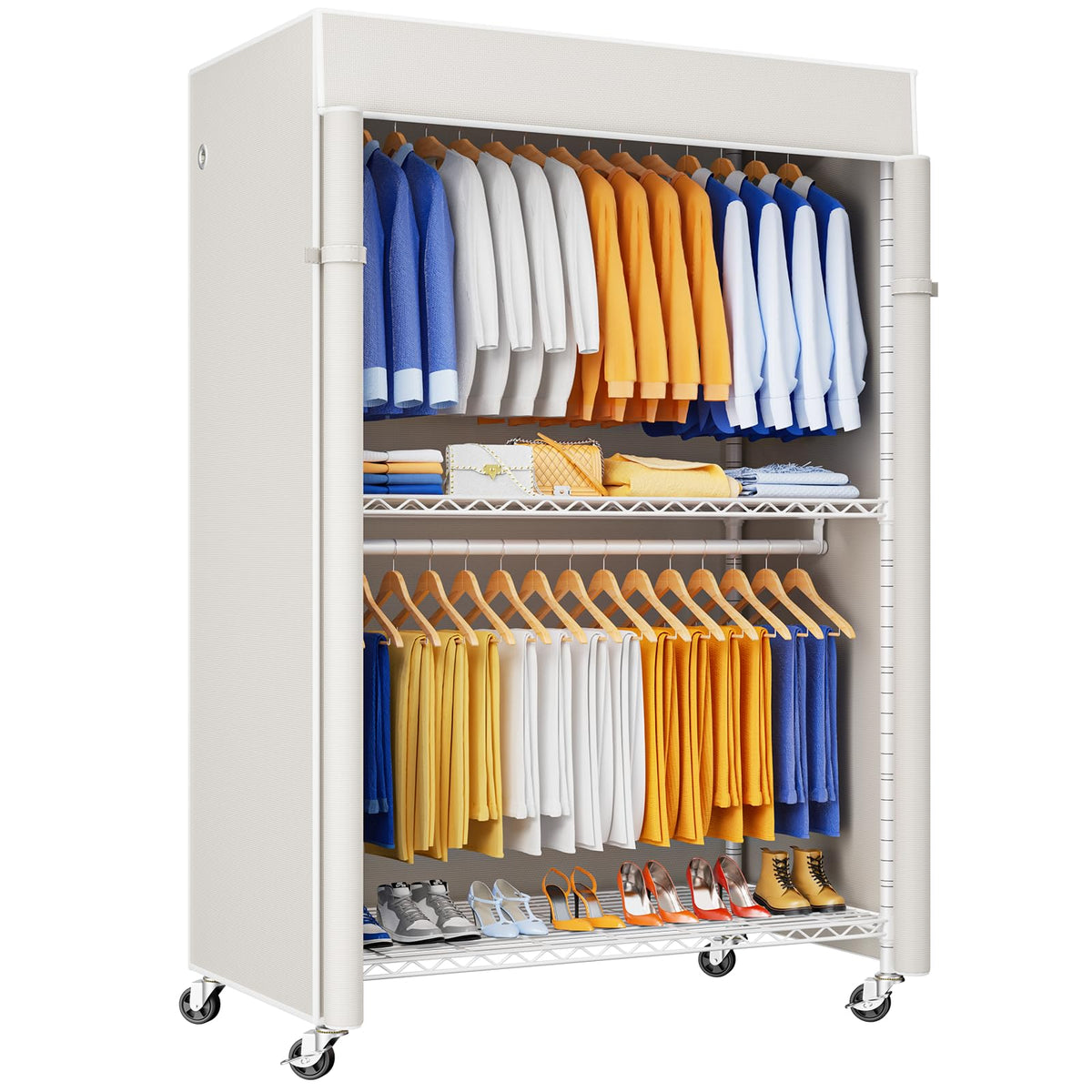 ULIFHOME P8C Max Heavy Duty Clothes Rack（With Extended Width Design） Rolling Clothing Racks for Hanging Clothes with Lockable Wheels，51.2"W x 15.8"D x 80.5"H，Load 800LBS，Black Rack with Black Cover