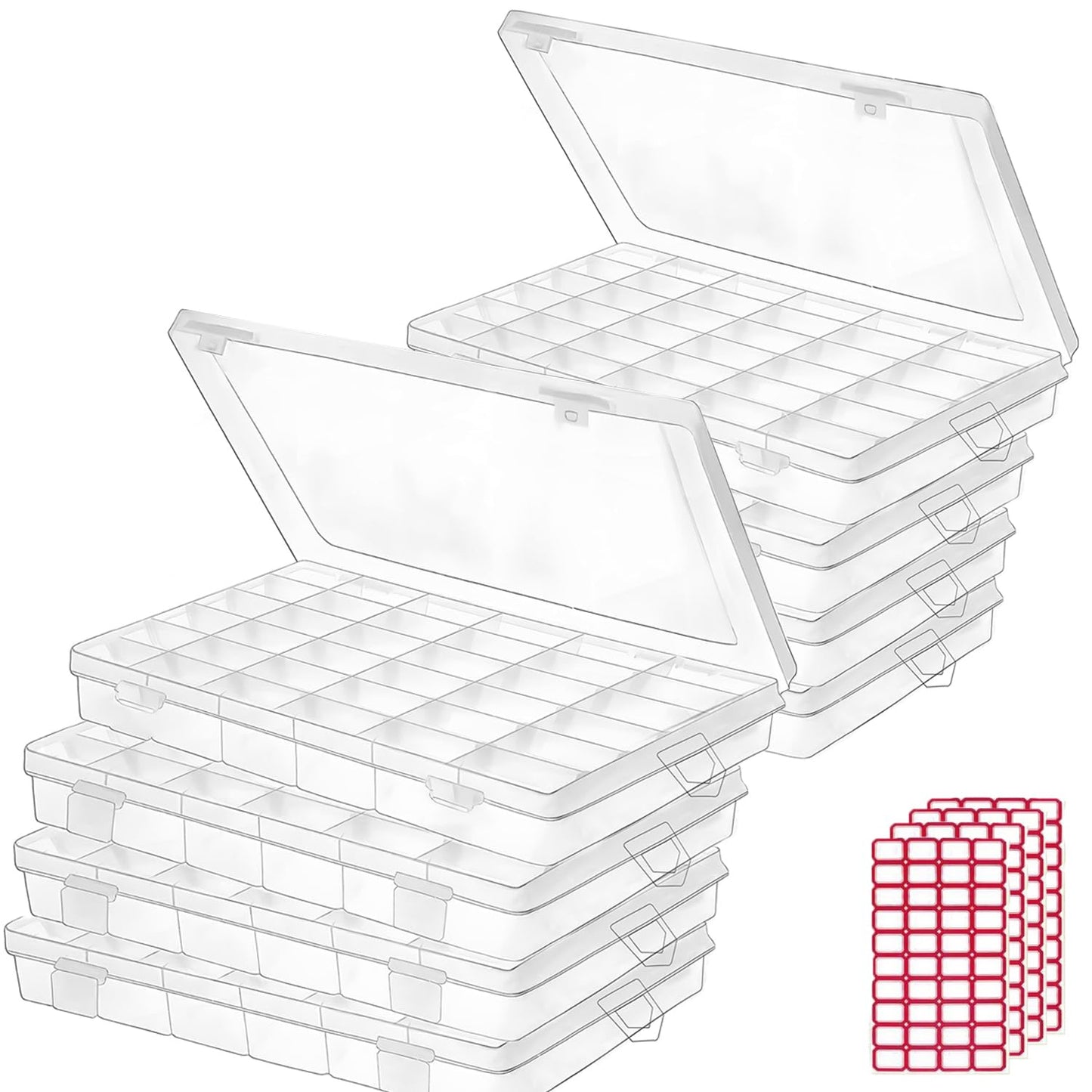 Budreu 4pack 36 Grids Plastic Clear Organizer Box Bead Storage Containers with Adjustable Dividers for Craft Jewelry Fishing Tackles Parts Storage with 4 Sheets Label Stickers
