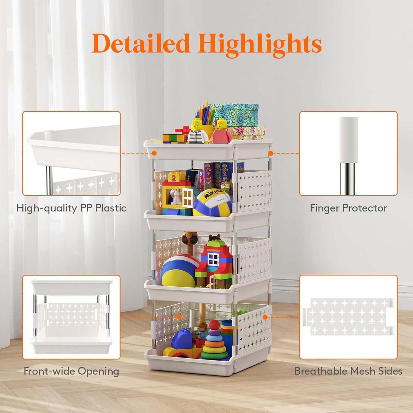 Lifewit Plastic Stackable Storage Baskets, 4 Tier Stacking Bins for Food and Clothes, Multifunctional Organizer for RV, Kitchen, Playroom, Pantry and Bathroom, 13.8"D x 11.8"W x 28.3"H, 1 Pack, White