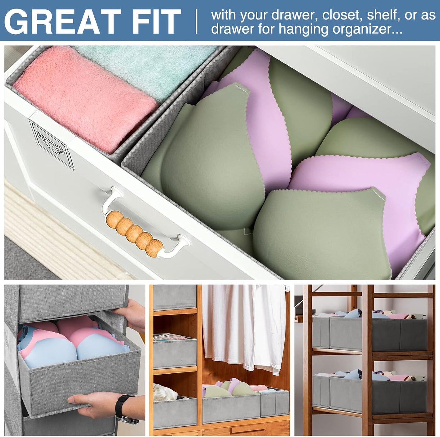 Criusia Drawer Organizer Clothes 12 Pack, Dresser Organizer for Nursery Bedroom Closet Organization and Storage - Baby Clothes Organizer Bins - Drawer Divider for Sock Underwear Bra Ties (Grey)