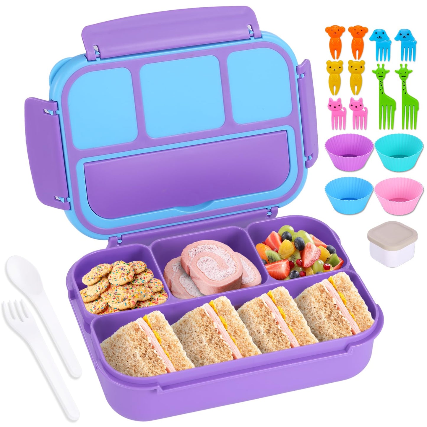 Bento Box Adult Lunch Box, Containers for Adults Men Women with 4 Compartments, Lunchable Food Container with Utensils, Sauce Jar, Muffin Liners, 40 Oz/5 Cup, Microwave & Dishwasher Safe, Brown