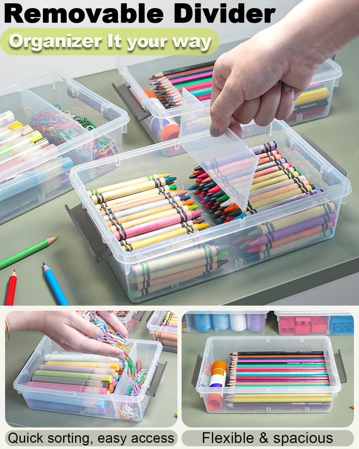6 Pack Extra Large Pencil Box with Removable Divider, Thickened Pencil Case Bulk, Clear Crayon Marker Organizer Stackable Plastic Small Storage Containers for Pen Craft School Supplies(Grey)