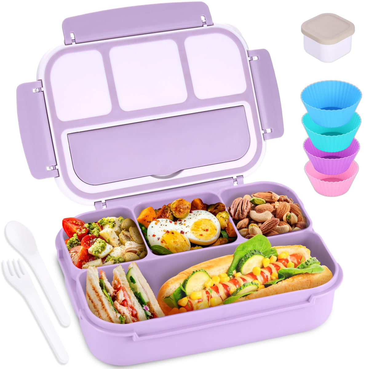 Bento Box Adult Lunch Box, Containers for Adults Men Women with 4 Compartments, Lunchable Food Container with Utensils, Sauce Jar, Muffin Liners, 40 Oz/5 Cup, Microwave & Dishwasher Safe, Brown