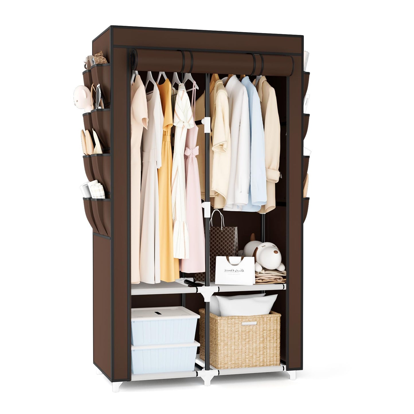 Wardrobe Closet Portable Closets for Hanging Clothes Large Capacity Clothes Rack with Cover, 3 Hanging Rods, 6 Shelves and 8 Pockets, Strong and Stable Free Standing Closet for Bedroom, Black