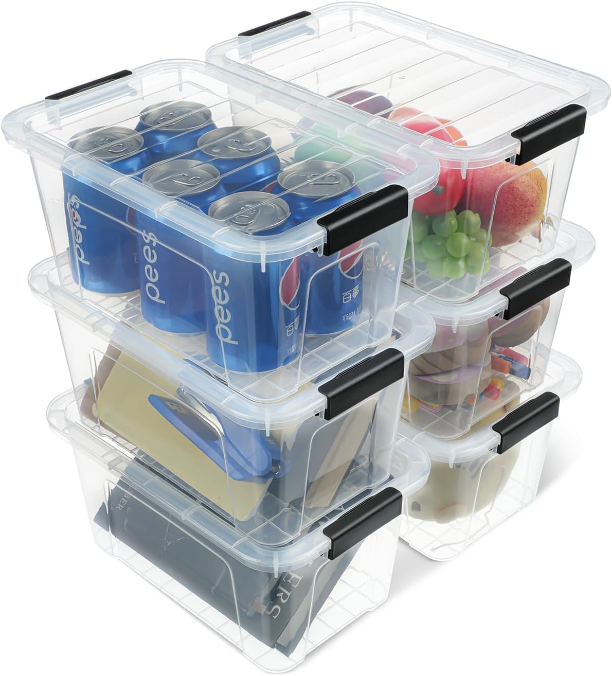Storage Bins with Lids 6 Pack Clear Storage Containers, 7 Quart Stackable Plastic Containers with Secure Black Buckle Latch, Durable Storage Box Organizer for Pantry, Closet, Office & Classroom