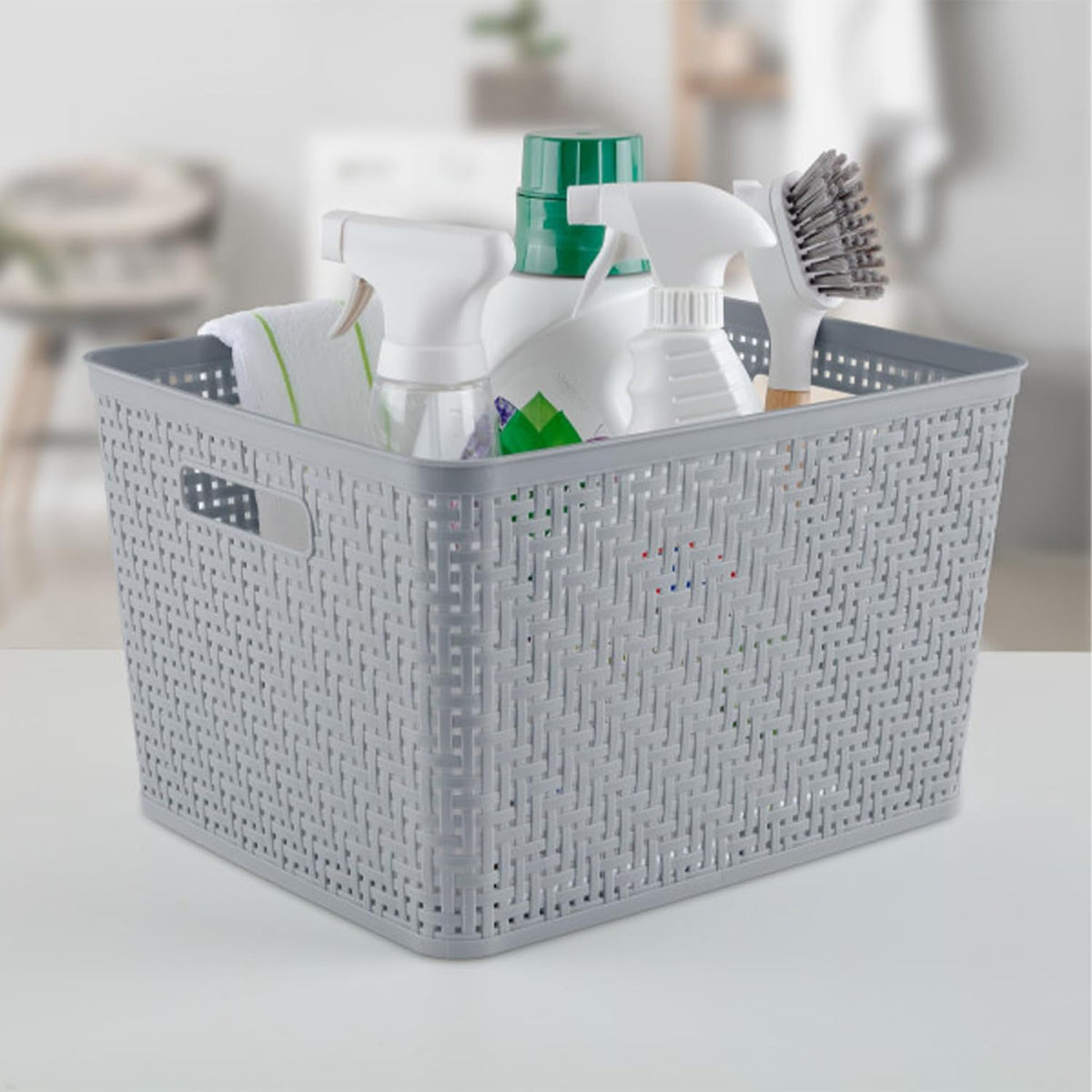 Sterilite Tall Basket, Woven Plastic Storage Organizer Bin, Cement, 6-Pack