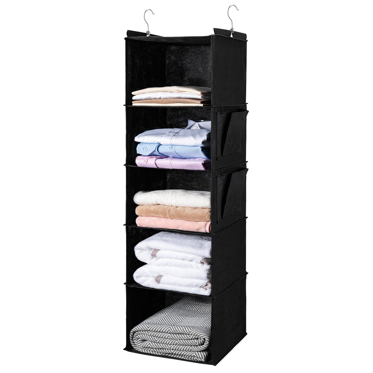 BOOMIBOO Hanging Closet Organize and Shelves，5-Hanging Shelf with 2 Side Pockets，Storage Foldable （Grey）