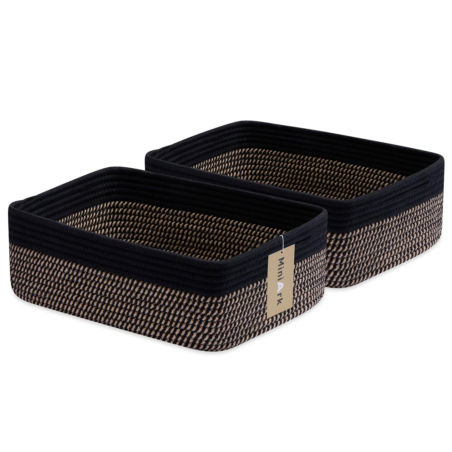 MiniArk Large Shallow Organizing Baskets 15x11x5.1 Inches - Rope Woven Storage Bins for Bathroom, Shelves, Cube Closet, Mixed Brown 2 Packs
