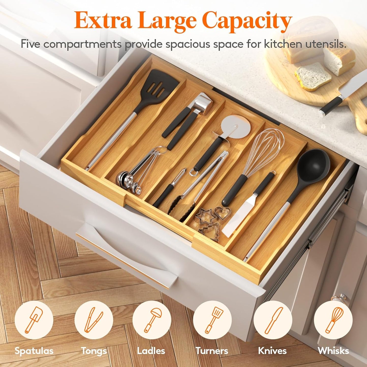 Lifewit Bamboo Utensil Organizer for Kitchen Drawer, Cooking Utensil Tray