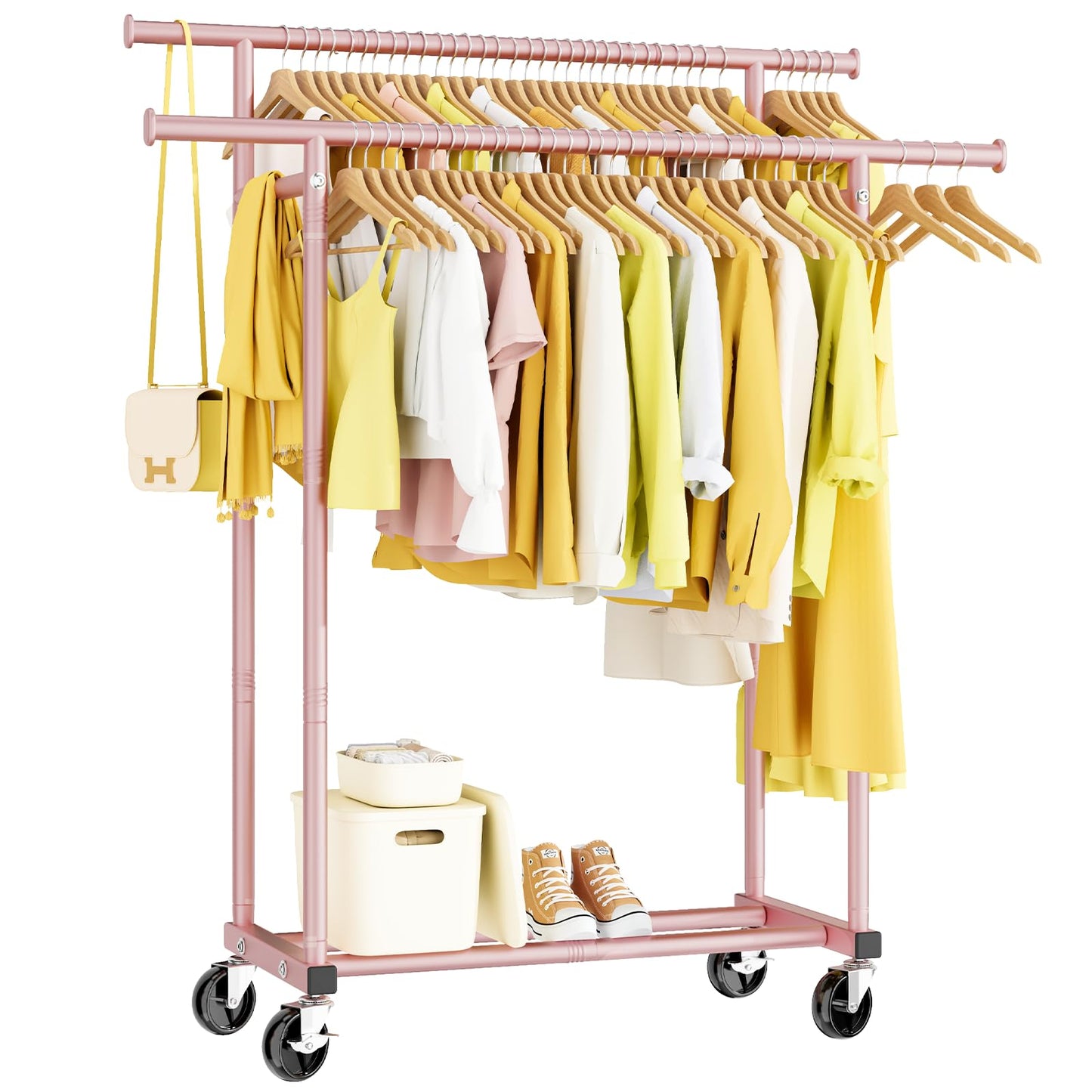 HYSEYY Double Rods Clothes Rack, Rolling Clothing Rack for Hanging Clothes Portable Wardrobe Rack, Metal Garment Rack Sturdy Coat Rack for Bedroom Laundry Living Room, Black