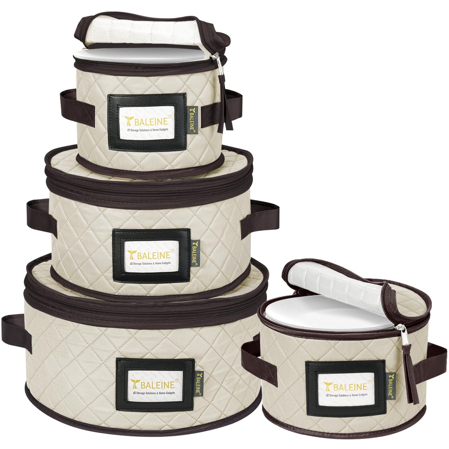 BALEINE China Storage Containers, Sturdy Quilted Wine Glass Storage, Plate Organizer with Carry Handles, Moving Boxes for Dishes, Cups, Mugs and Stemware (Plate Mug Combo, Soft Shell Cream)